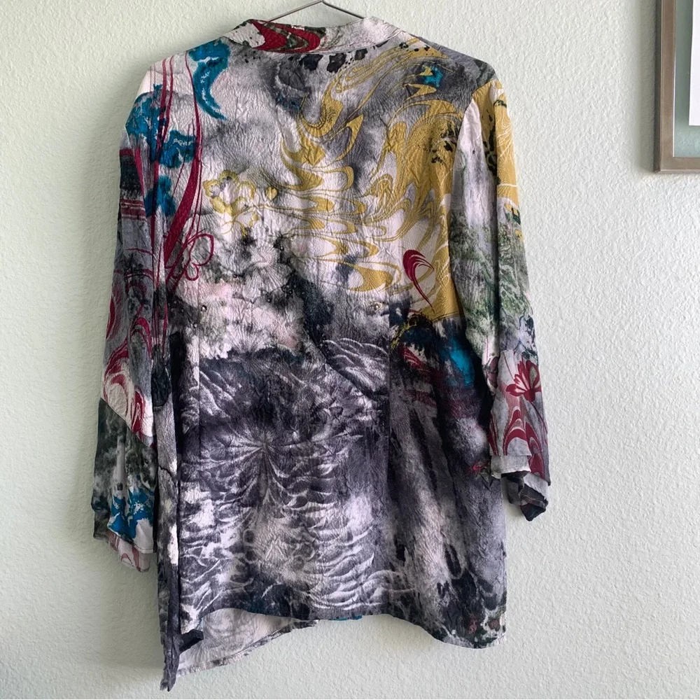 CITRON Santa Monica watercolor print blouse button up top silk XL shirt abstract - Picture 3 of 9